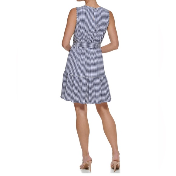 NWT DKNY Navy and White Checked Gingham Sleeveless Fit and Flare Trapeze Dress - Picture 3 of 8